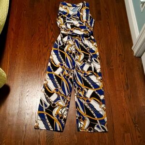 Elegant Black and Blue Chains Jumpsuit with Wide-Leg Silhouette, Size XS